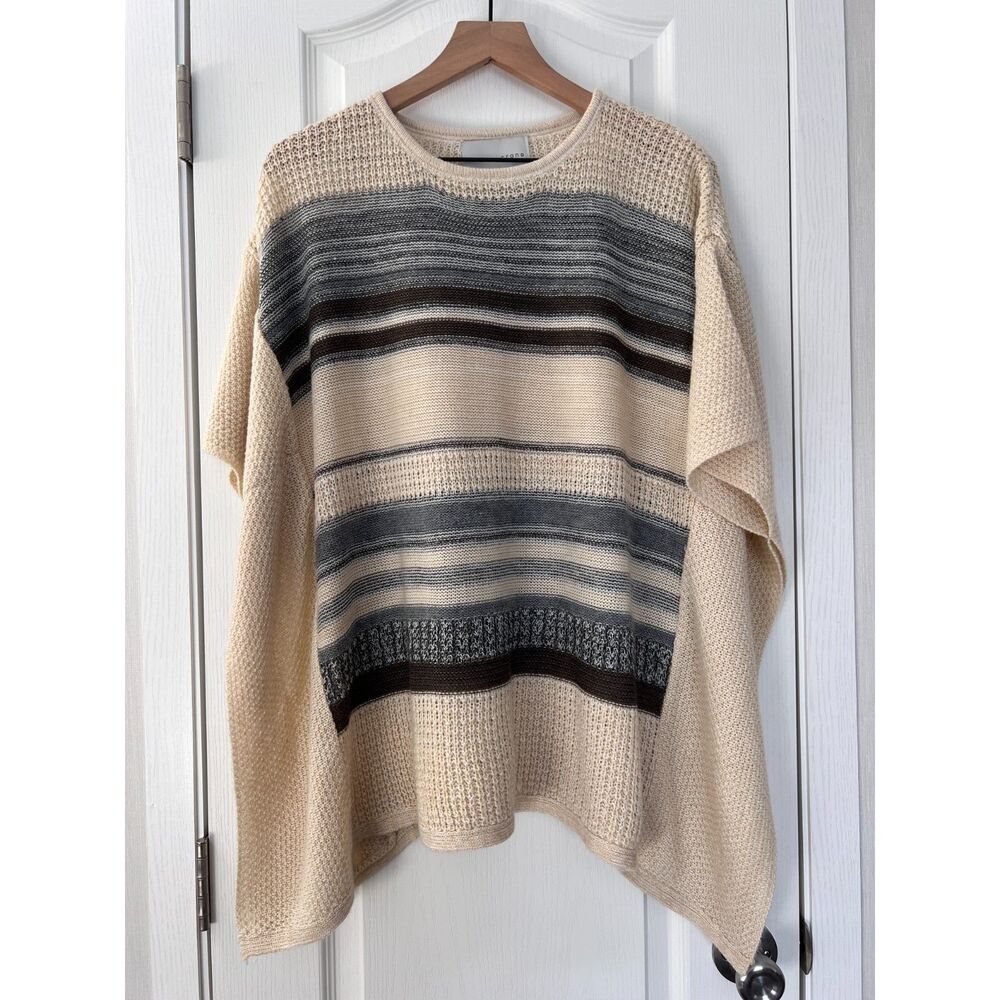 Paper Crane Women's Cream Beige Gray Stripe Sweater Poncho Size S